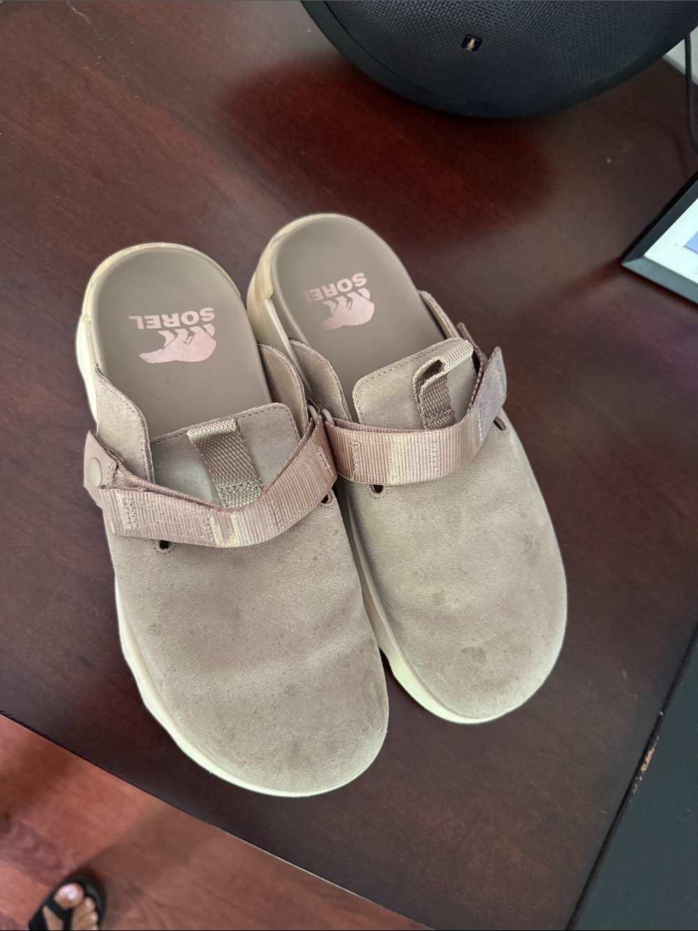 Sorel Taupe Suede Slip-On Clogs with Adjustable Strap